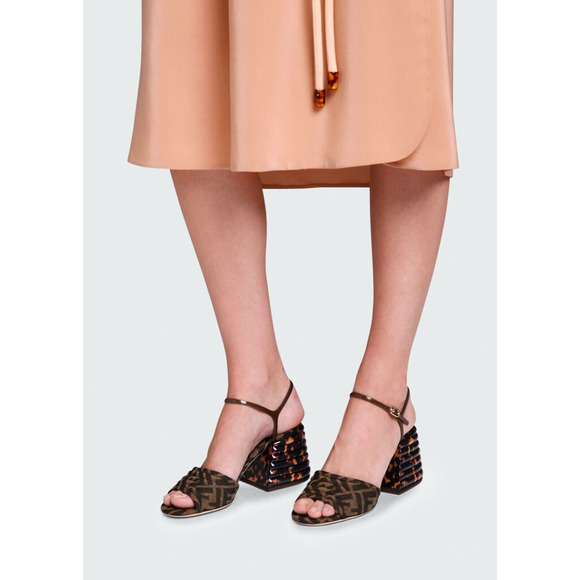 Fendi Dark Brown FF Motif Logo Ankle Strap Sandal Peep Toe Block Heel Pump 36 - Picture 6 of 8